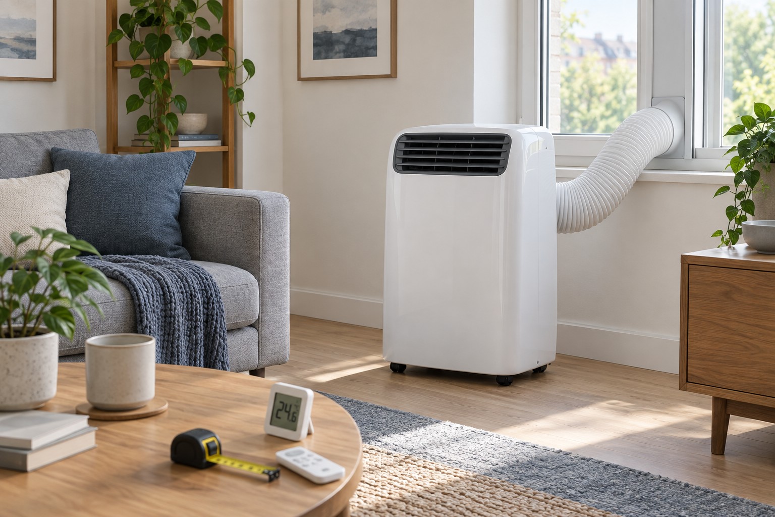 Portable air conditioner installed beside a window in a modern living room